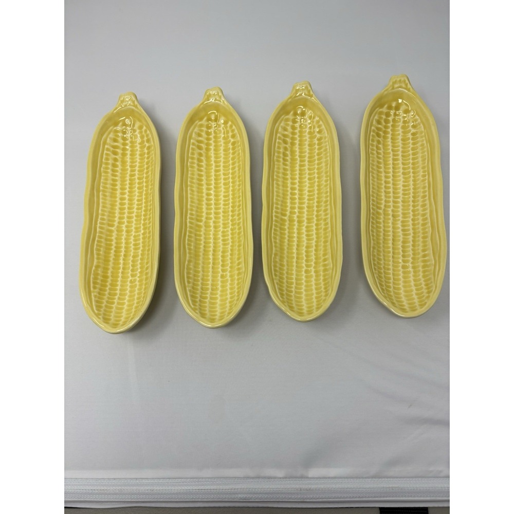 4 Vintage Ceramic Corn on the Cob Dishes Plates Holders Cookout Retro Kitschy